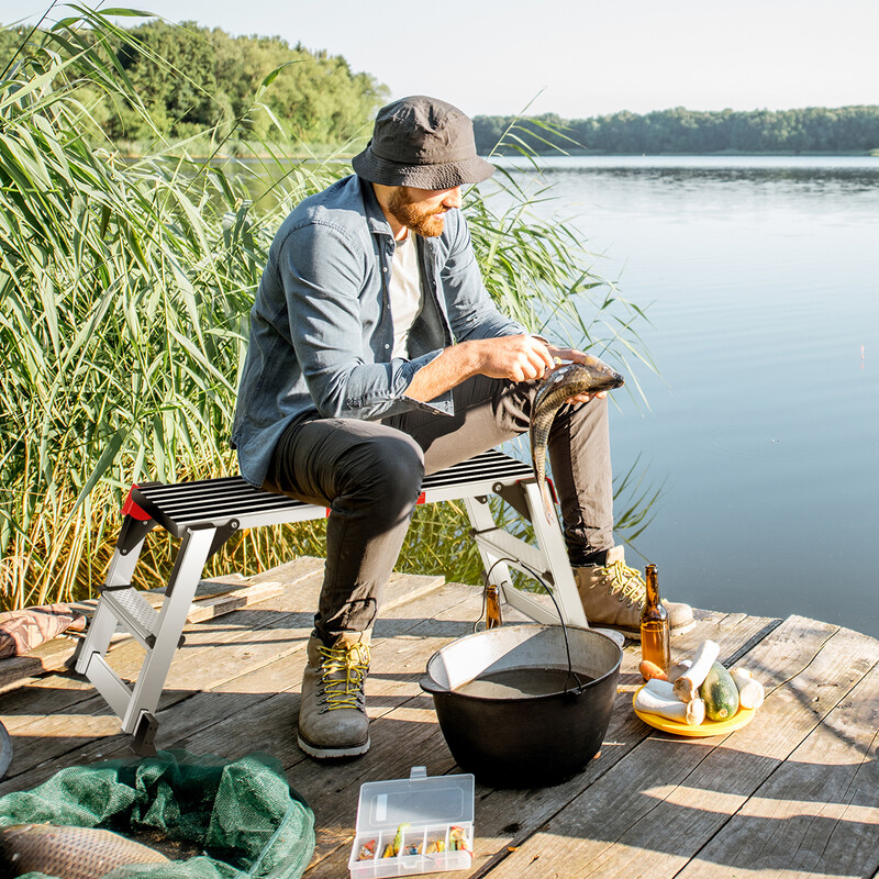 Vikbar arbetsplattform i aluminium med halkskyddsmattor, 126 x 52,5 x 49,5 cm, silver