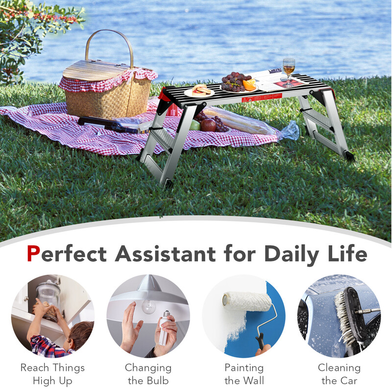 Vikbar arbetsplattform i aluminium med halkskyddsmattor, 126 x 52,5 x 49,5 cm, silver