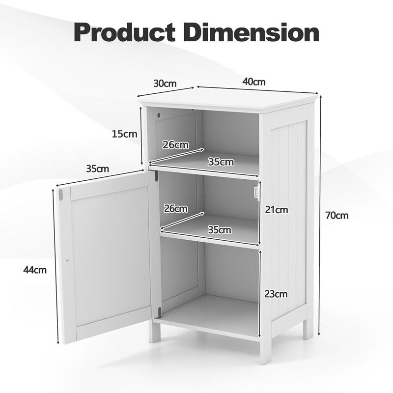 Multifunktionellt badrumsskåp med dörr och justerbar hylla, vit, 40 x 30 x 70 cm