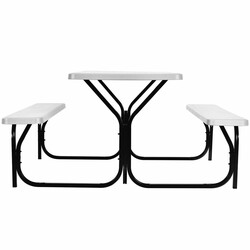 Picknickbord med två bänkar i vit HDPE och metallram för utomhusbruk