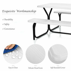 Picknickbord med två bänkar i vit HDPE och metallram för utomhusbruk