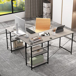 L-format skrivbord med justerbara hyllor och kabelhantering för hemmakontor och gaming