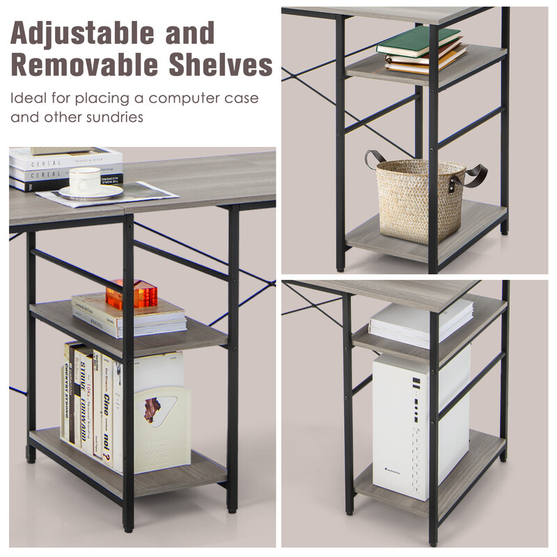 L-format skrivbord med justerbara hyllor och kabelhantering för hemmakontor och gaming