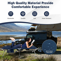 Hopfällbar campingsäng XXL med sidoficka - 214,5 x 106 cm, blå