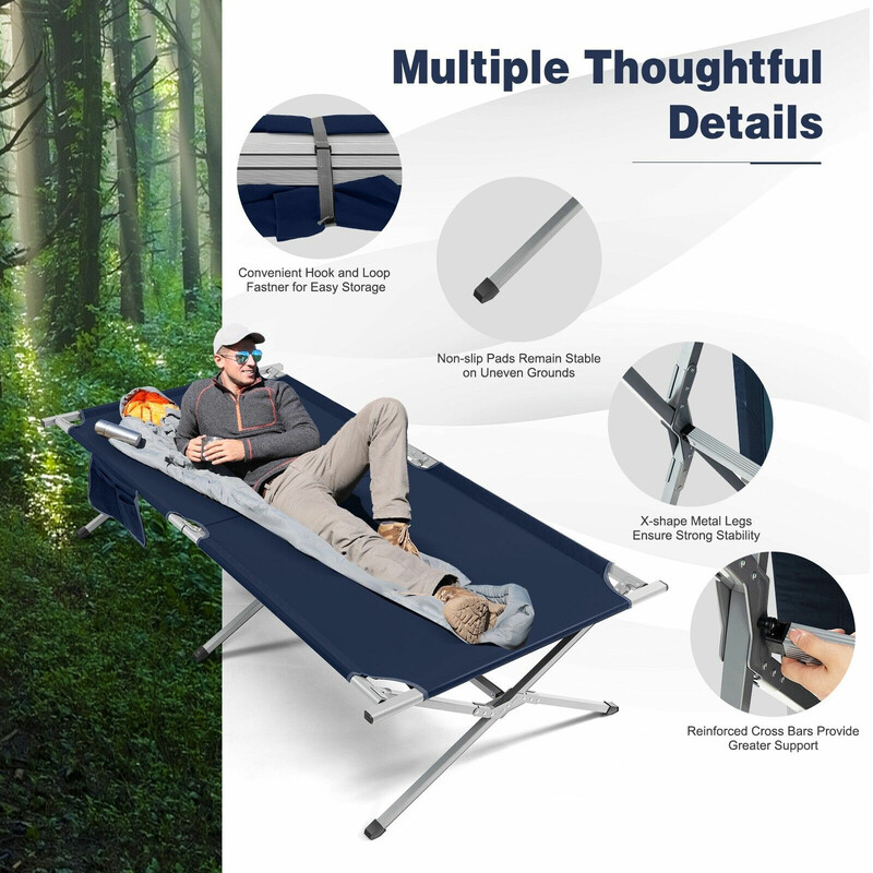 Hopfällbar campingsäng XXL med sidoficka - 214,5 x 106 cm, blå