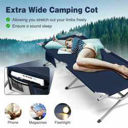 Hopfällbar campingsäng XXL med sidoficka - 214,5 x 106 cm, blå