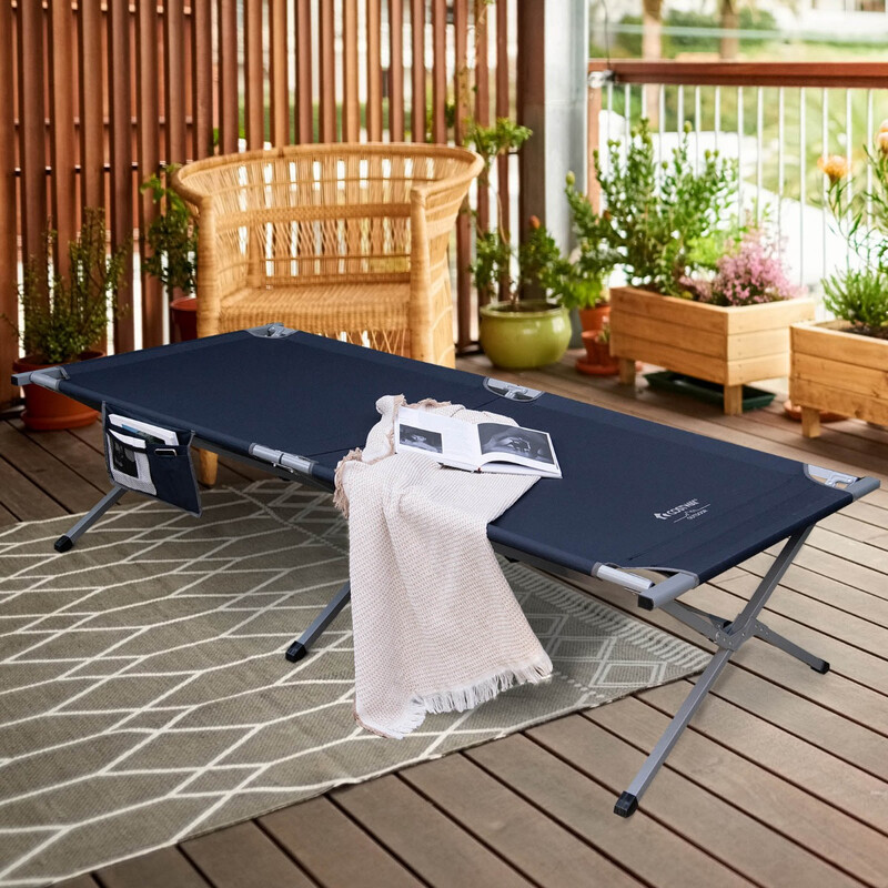 Hopfällbar campingsäng XXL med sidoficka - 214,5 x 106 cm, blå