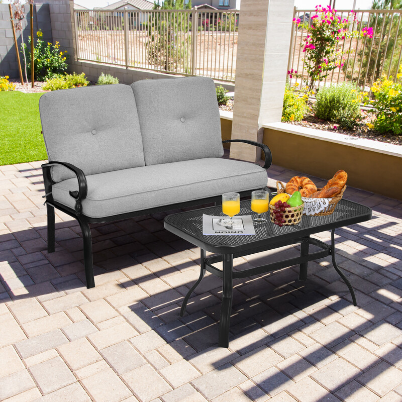 2-sits trädgårdsbänk med bord och kuddar i grått och svart