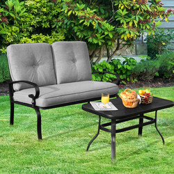 2-sits trädgårdsbänk med bord och kuddar i grått och svart