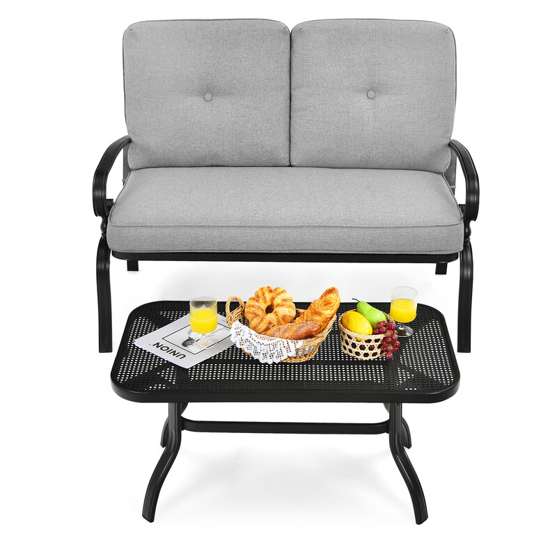 2-sits trädgårdsbänk med bord och kuddar i grått och svart