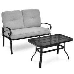 2-sits trädgårdsbänk med bord och kuddar i grått och svart