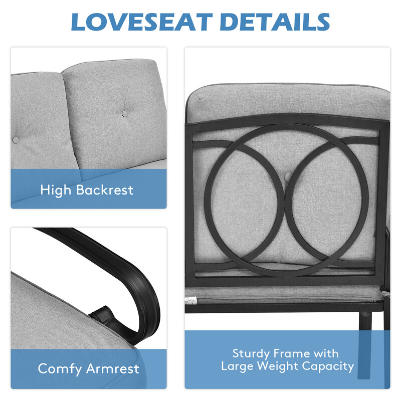 2-sits trädgårdsbänk med bord och kuddar i grått och svart