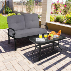2-sits trädgårdsbänk med bord och kuddar i grått och svart