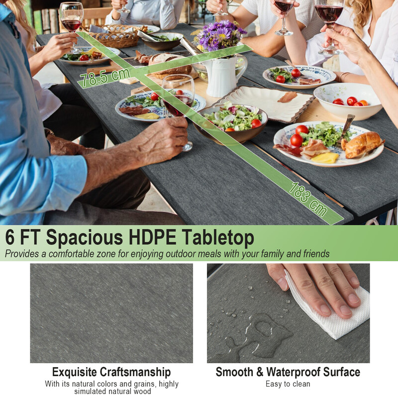 Grått picknickbord och bänkset för 8 personer med träliknande textur, väderbeständigt och hållbart