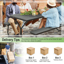 Grått picknickbord och bänkset för 8 personer med träliknande textur, väderbeständigt och hållbart