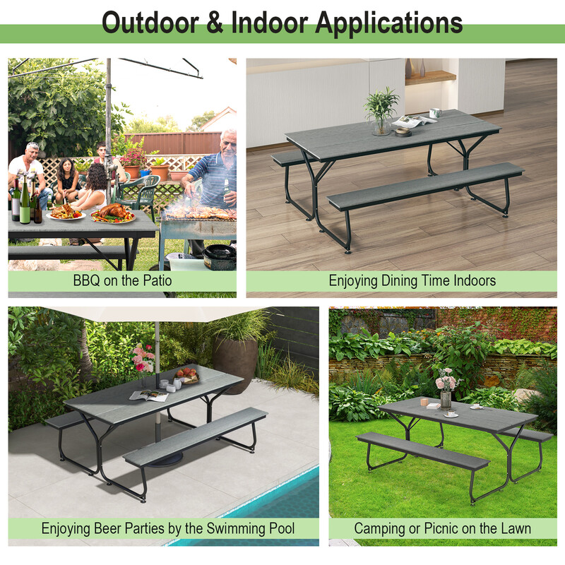 Grått picknickbord och bänkset för 8 personer med träliknande textur, väderbeständigt och hållbart