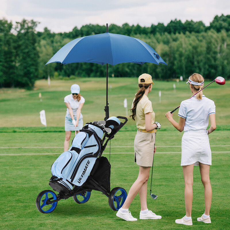 3-hjulig hopfällbar golfvagn med paraplyhållare och justerbart handtag i svart och blått