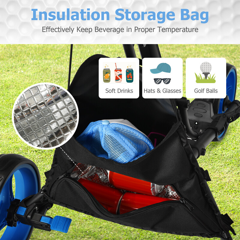 3-hjulig hopfällbar golfvagn med paraplyhållare och justerbart handtag i svart och blått
