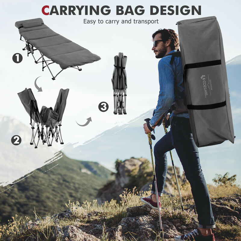 Hopfällbar camping- och gästsäng med avtagbar madrass och kudde, grå, 185 x 65 cm