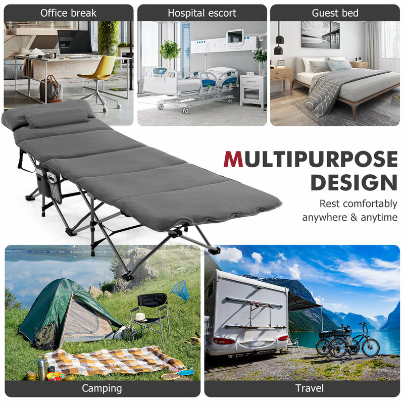 Hopfällbar camping- och gästsäng med avtagbar madrass och kudde, grå, 185 x 65 cm