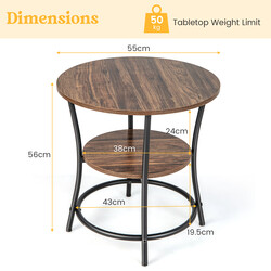 Runt sidobord med två nivåer och metallram i vintage stil 55 x 55 x 56 cm