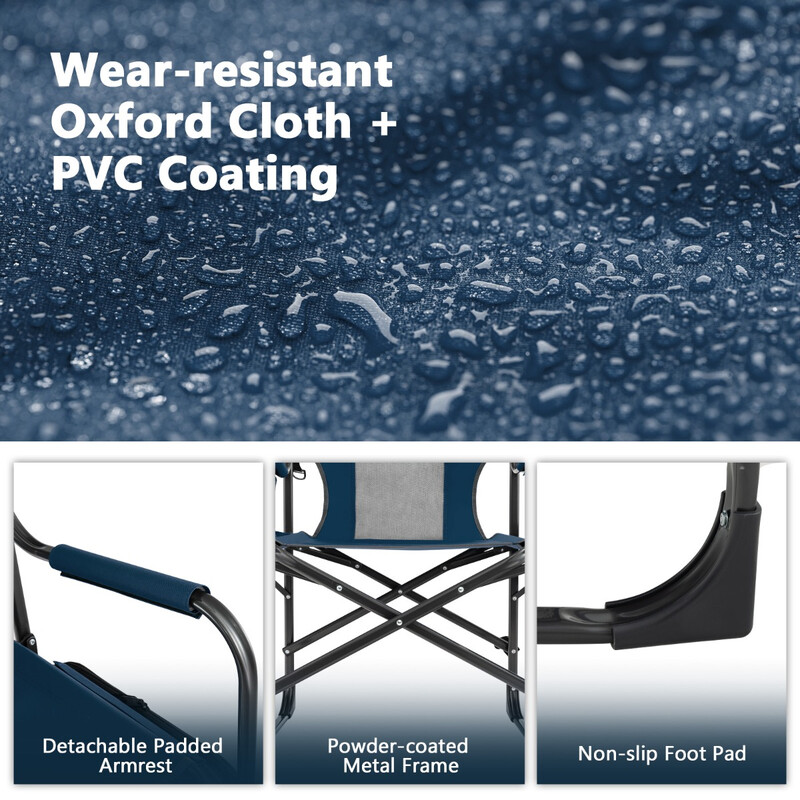 Campingstol med sidobord, kylväska och förvaringsficka, blå, 113 x 56 x 98 cm