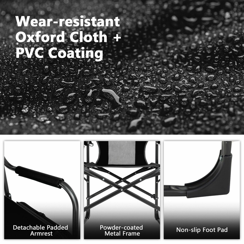 Campingstol med sidobord, kylväska och förvaring, svart, 113 x 56 x 98 cm