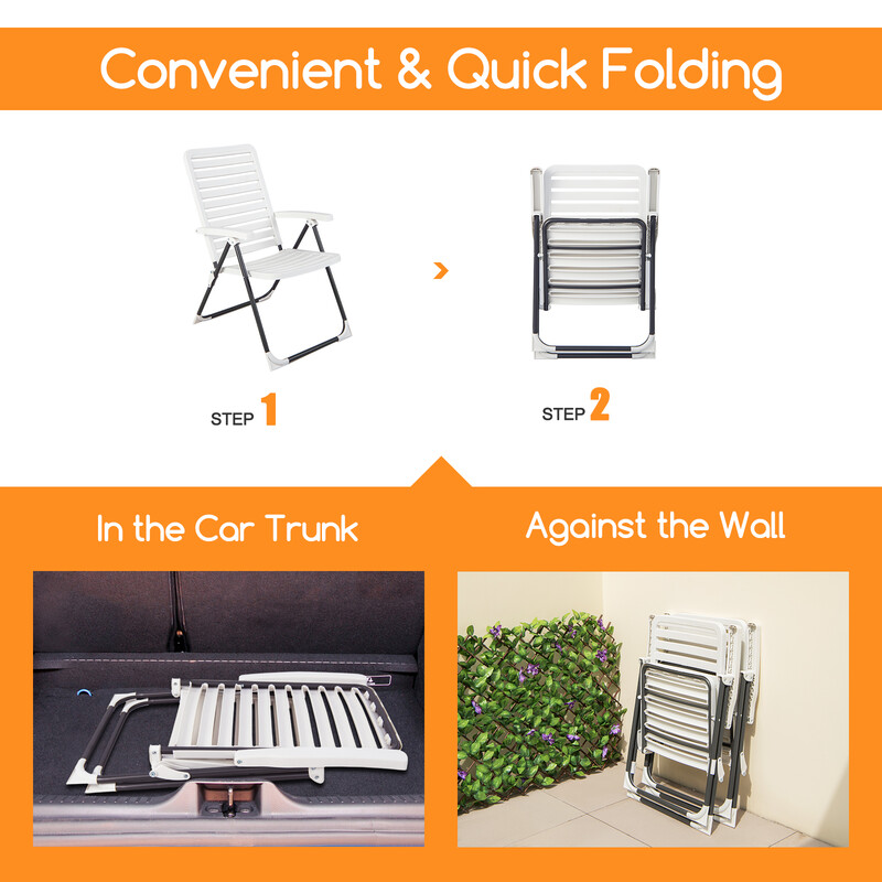 Fällbar trädgårdsstol med 7-stegs justerbart ryggstöd och ergonomisk design, vit