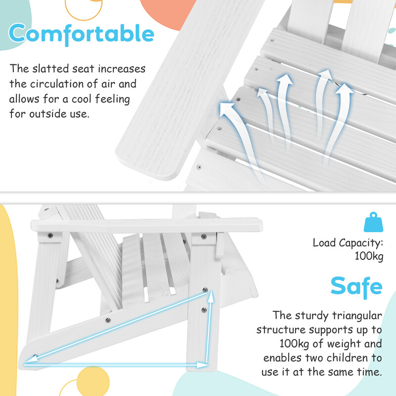 Adirondackstol för barn, 2-sits, vit, hållbar gran, utomhusbruk, bekväm och stabil design