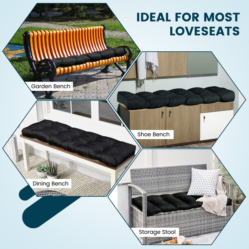 Svart bänkdyna för trädgårdsbänk 132x49x15 cm med PP-bomull och polyester