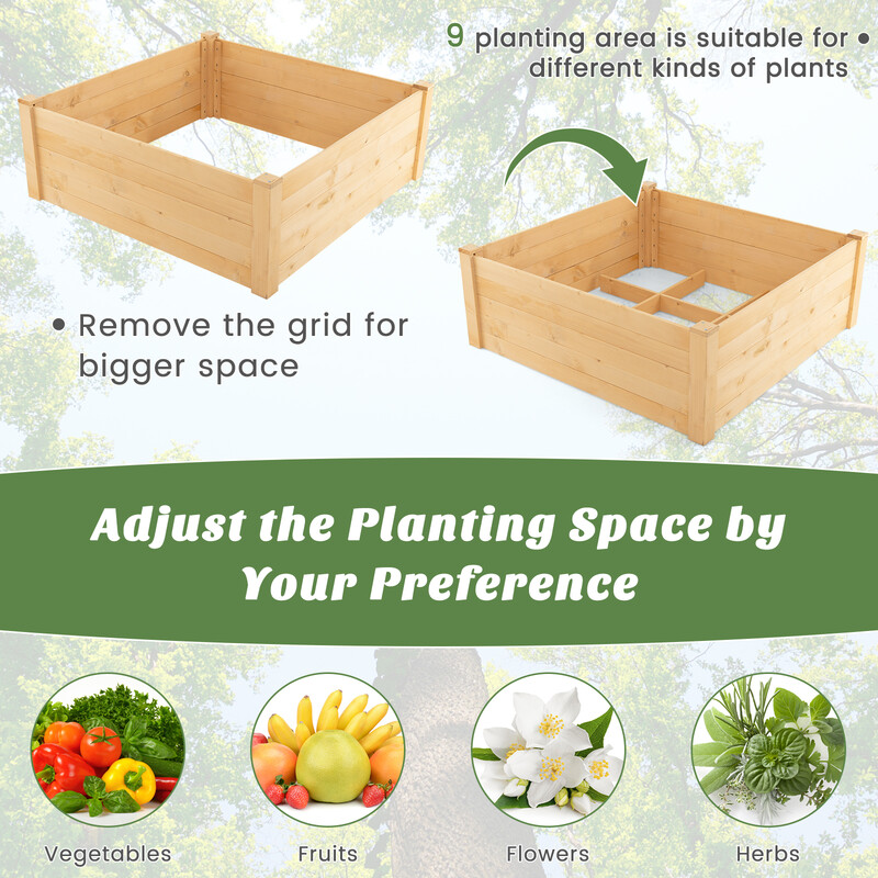 Upphöjd planteringslåda i lärkträ med skyddsstaket och justerbart planteringsutrymme 107 x 107 x 70 cm