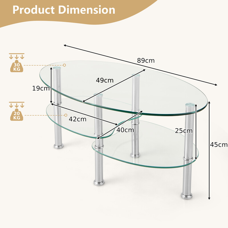 Ovalt glastillverkat soffbord med tre nivåer och hyllor för vardagsrum