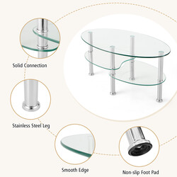 Ovalt glastillverkat soffbord med tre nivåer och hyllor för vardagsrum