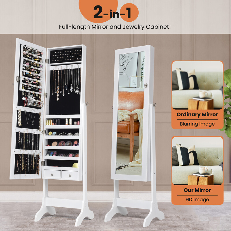 Låsbar smyckesskåp med spegel och justerbar helkroppsspegel, vit 46 x 37 x 156 cm
