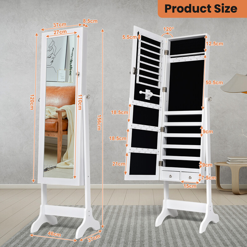 Låsbar smyckesskåp med spegel och justerbar helkroppsspegel, vit 46 x 37 x 156 cm