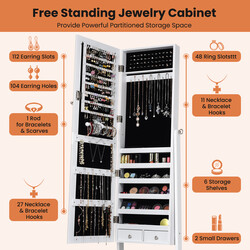 Låsbar smyckesskåp med spegel och justerbar helkroppsspegel, vit 46 x 37 x 156 cm