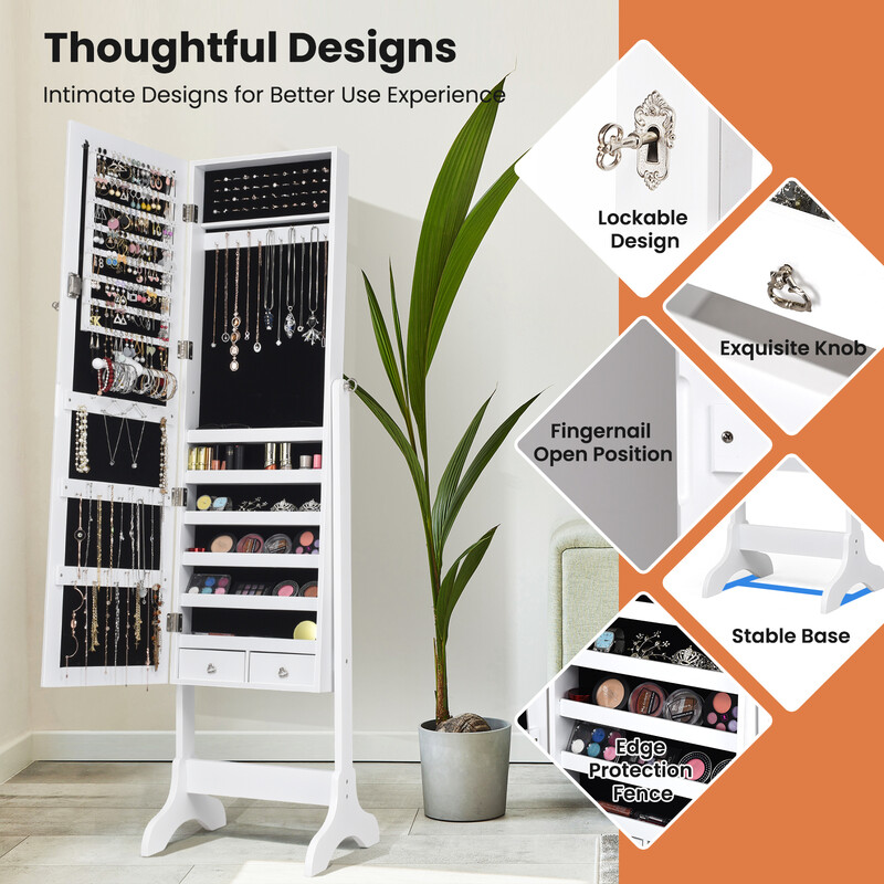 Låsbar smyckesskåp med spegel och justerbar helkroppsspegel, vit 46 x 37 x 156 cm