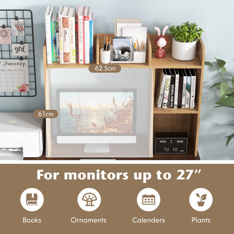 Skrivbordshylla i trä med tre våningar för datorbord, naturlig färg, säker och rymlig design