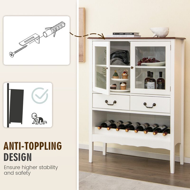 Vinskåp i furu med glasdörrar, lådor och öppet vinställ för elegant förvaring