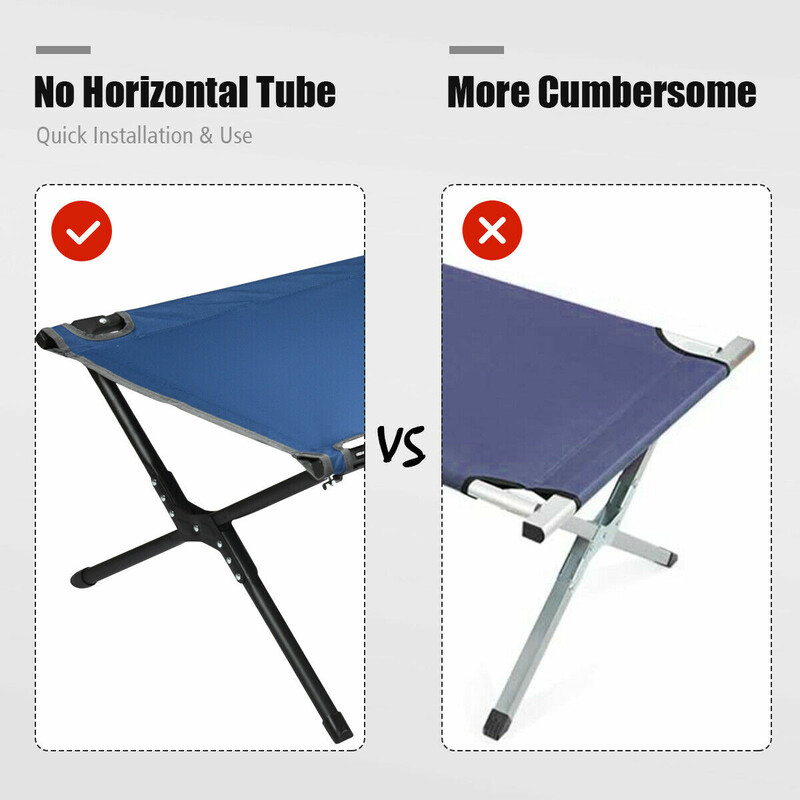 Hopfällbar campingsäng med metallram, blå, bärkapacitet 136 kg, 190 x 67 x 42 cm