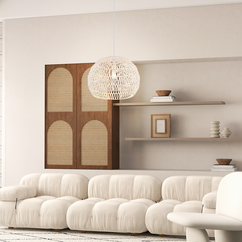 Retro taklampa i papper för vardagsrum, justerbar sladd, beige, Ø44 x 33 cm