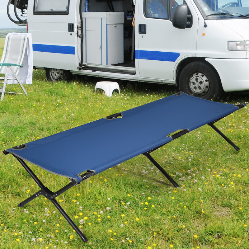 Hopfällbar campingsäng med metallram, blå, bärkapacitet 136 kg, 190 x 67 x 42 cm