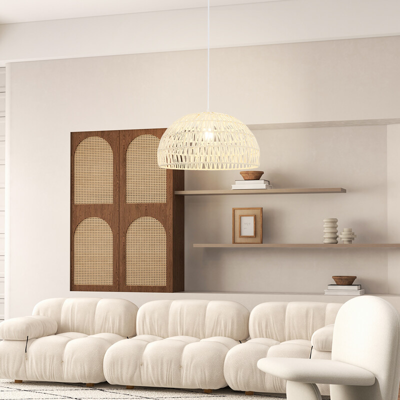 Taklampa i beige papper med justerbar höjd och elegant design för hemmet