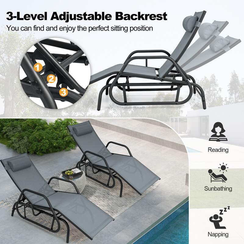 Gungande solstol med justerbart ryggstöd och ergonomiska armstöd för trädgården grå