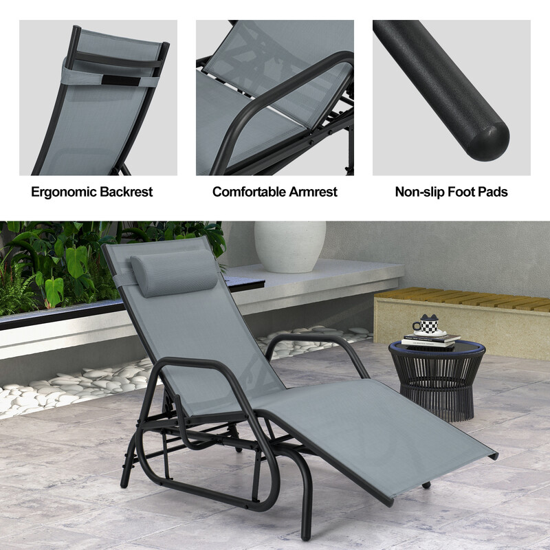 Gungande solstol med justerbart ryggstöd och ergonomiska armstöd för trädgården grå