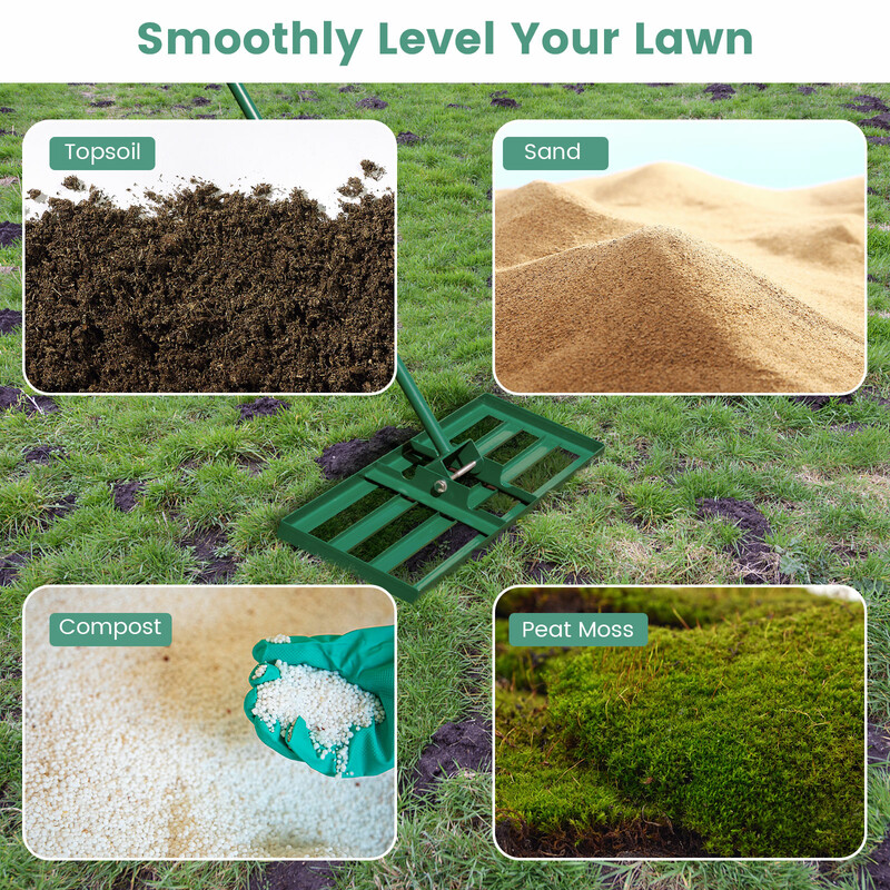 Grön gräsmatteutjämnare med ergonomiskt handtag och hållbar metallkonstruktion 75 x 25 cm