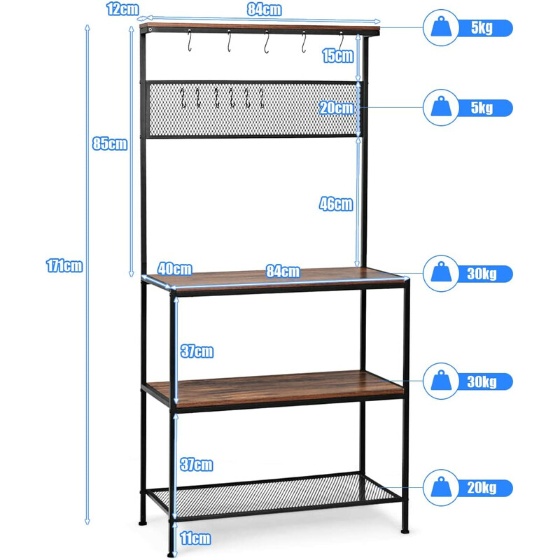 Köksförvaringshylla med 3 nivåer och 11 krokar i rustik brun design