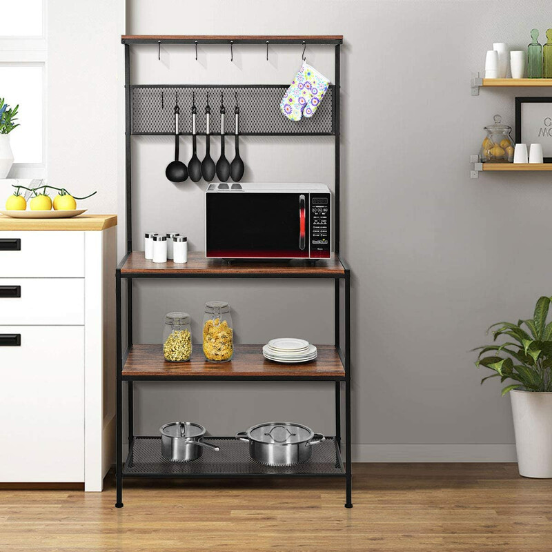 Köksförvaringshylla med 3 nivåer och 11 krokar i rustik brun design