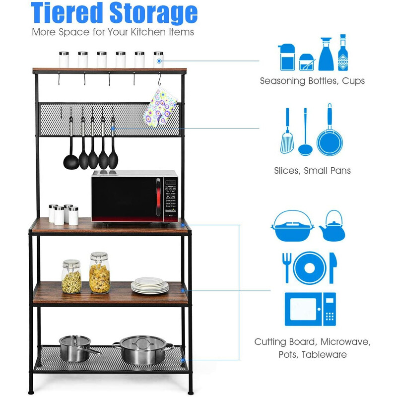 Köksförvaringshylla med 3 nivåer och 11 krokar i rustik brun design