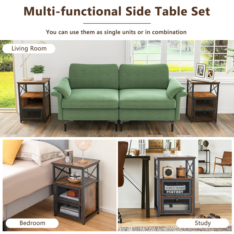 Sidobord i industriell design med 2 lådor och hyllor, rustik brun, 60,5 x 40 x 35 cm